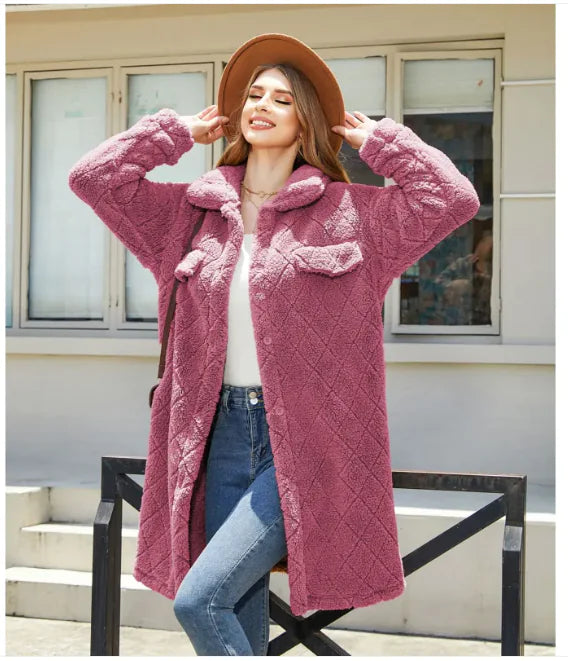 Women's Plush Diamond-Button Loose Overcoat