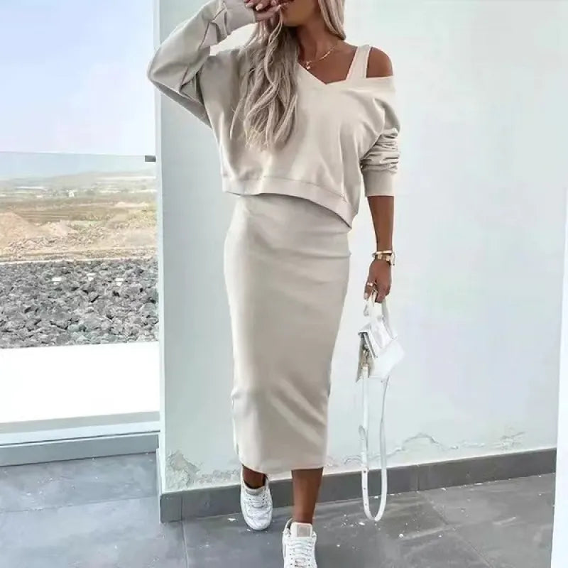 Spring Autumn Women's V-Neck Vest & Skirt Set