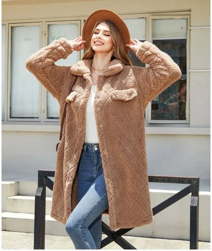 Women's Plush Diamond-Button Loose Overcoat